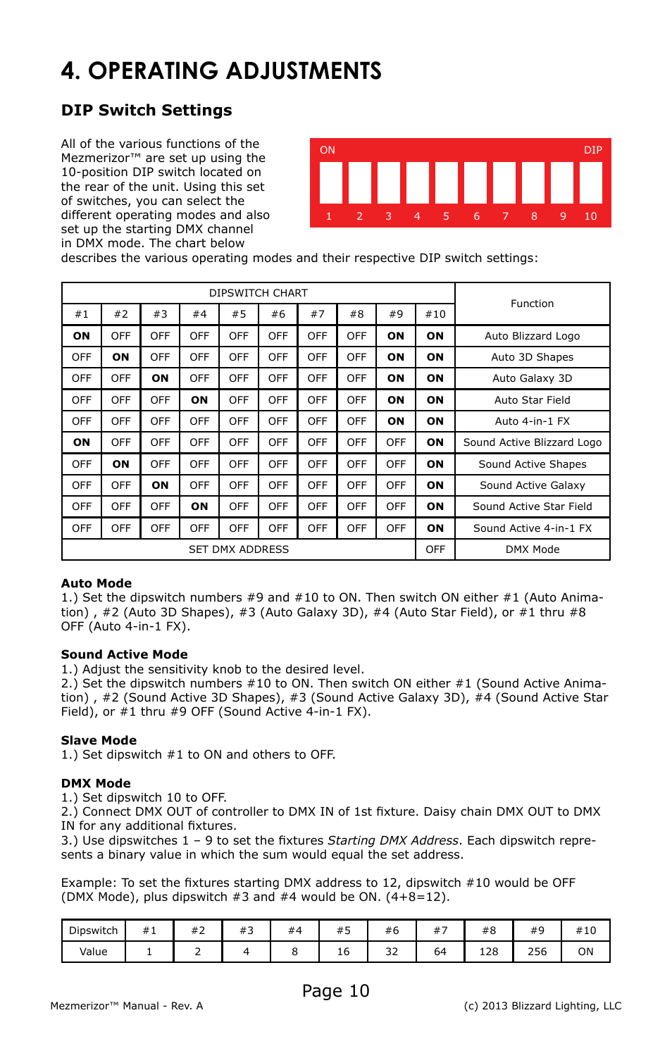 Operating adjustments, Page 10, Dip switch settings | Blizzard Lighting Memerizor RGB 3D Laser(Rev A) User Manual | Page 10 / 16