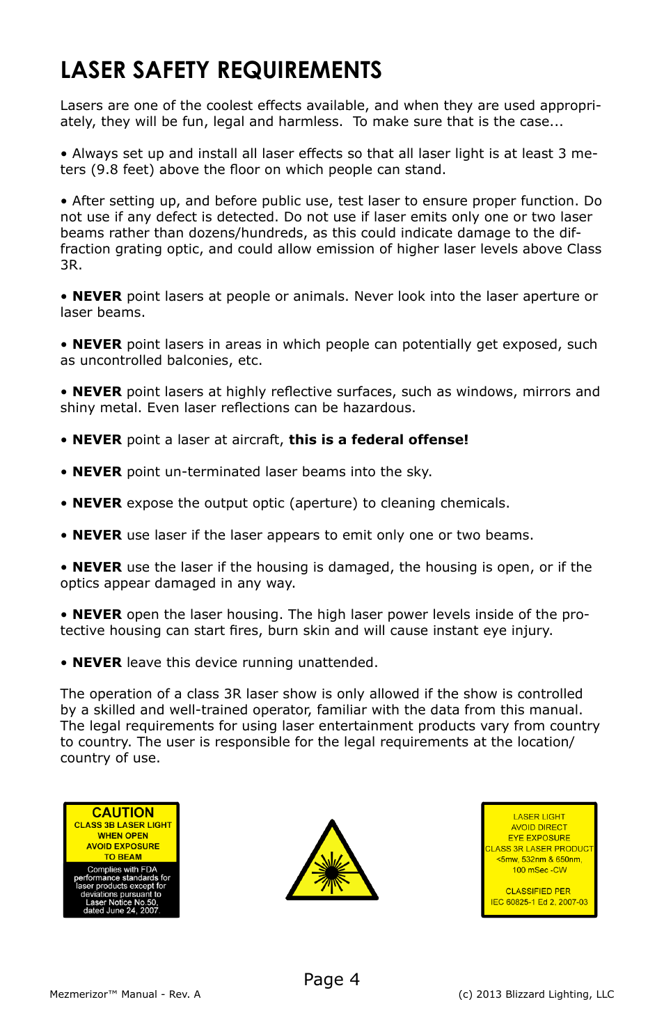 Laser safety requirements, Page 4 | Blizzard Lighting Memerizor RGB 3D Laser(Rev A) User Manual | Page 4 / 16