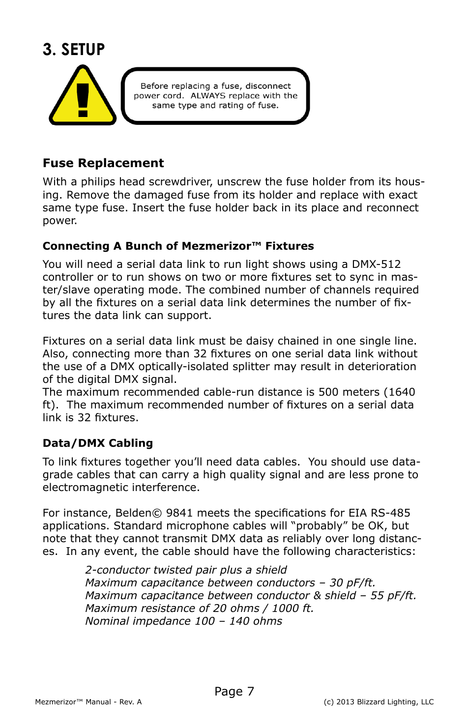 Setup, Page 7, Fuse replacement | Blizzard Lighting Memerizor RGB 3D Laser(Rev A) User Manual | Page 7 / 16