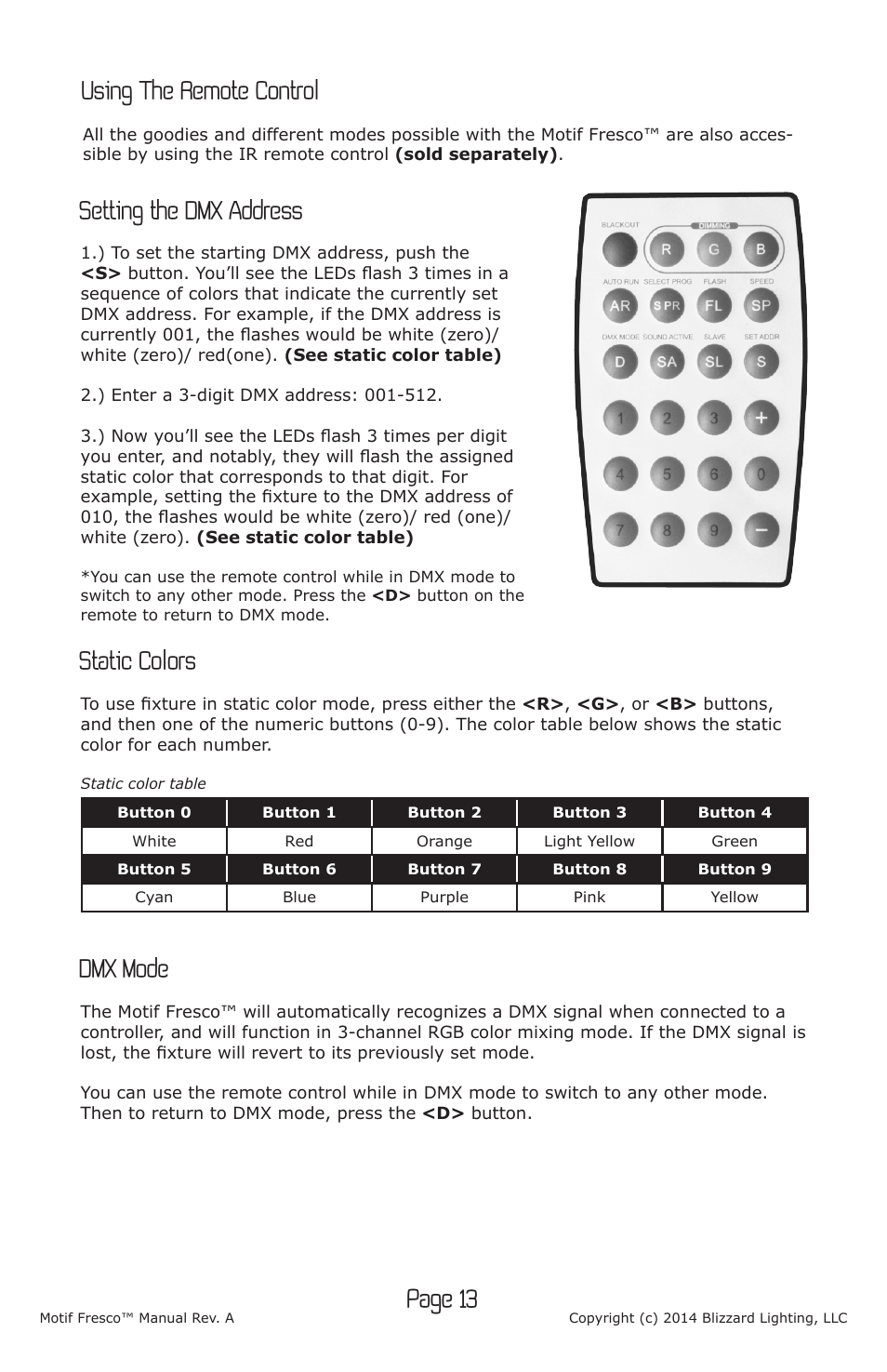 Page 13, Setting the dmx address, Static colors | Dmx mode, Using the remote control | Blizzard Lighting Motif Fresco (Rev A) User Manual | Page 13 / 20