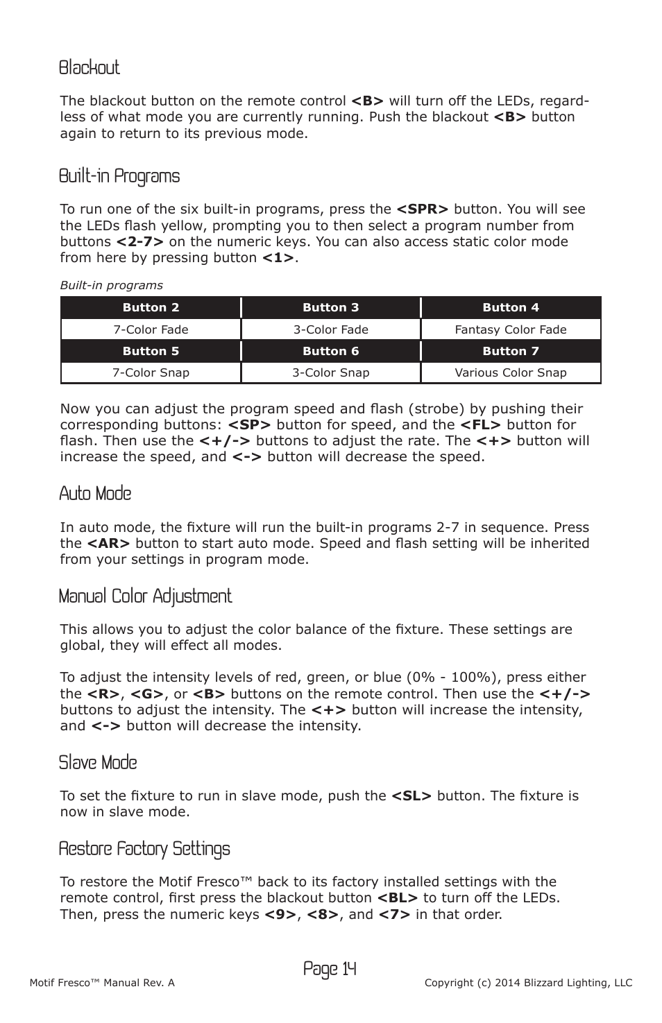 Page 14, Blackout, Built-in programs | Auto mode, Manual color adjustment, Slave mode, Restore factory settings | Blizzard Lighting Motif Fresco (Rev A) User Manual | Page 14 / 20