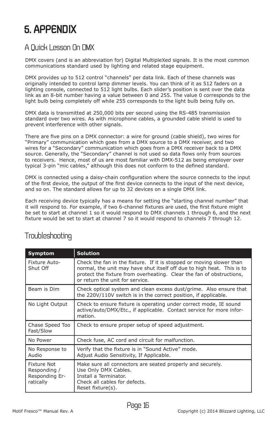 Appendix, Page 16, A quick lesson on dmx | Troubleshooting | Blizzard Lighting Motif Fresco (Rev A) User Manual | Page 16 / 20