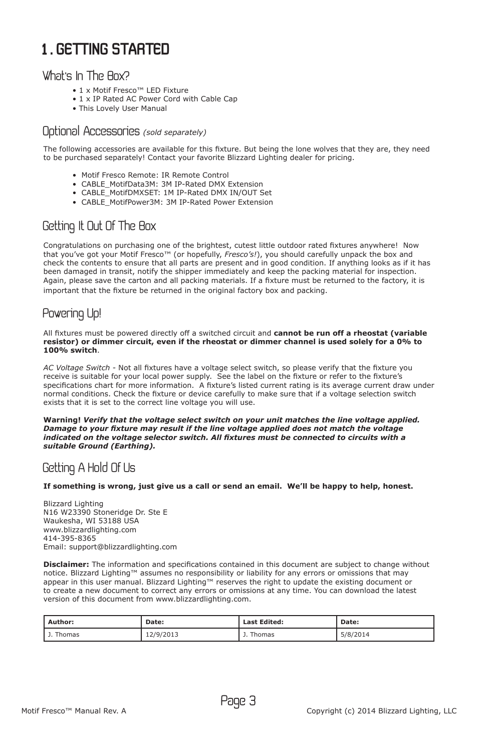 1 . getting started, Page 3, What’s in the box | Optional accessories, Getting it out of the box, Powering up, Getting a hold of us | Blizzard Lighting Motif Fresco (Rev A) User Manual | Page 3 / 20