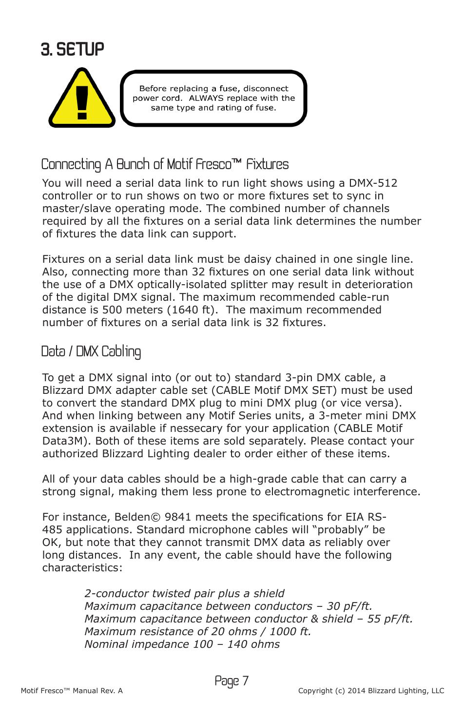 Setup, Connecting a bunch of motif fresco™ fixtures, Data / dmx cabling | Page 7 | Blizzard Lighting Motif Fresco (Rev A) User Manual | Page 7 / 20