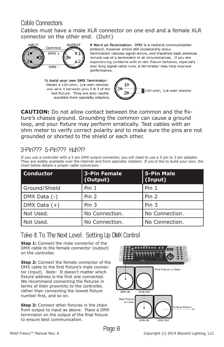 Page 8, Cable connectors, Pin??? 5-pin??? huh | Take it to the next level: setting up dmx control | Blizzard Lighting Motif Fresco (Rev A) User Manual | Page 8 / 20