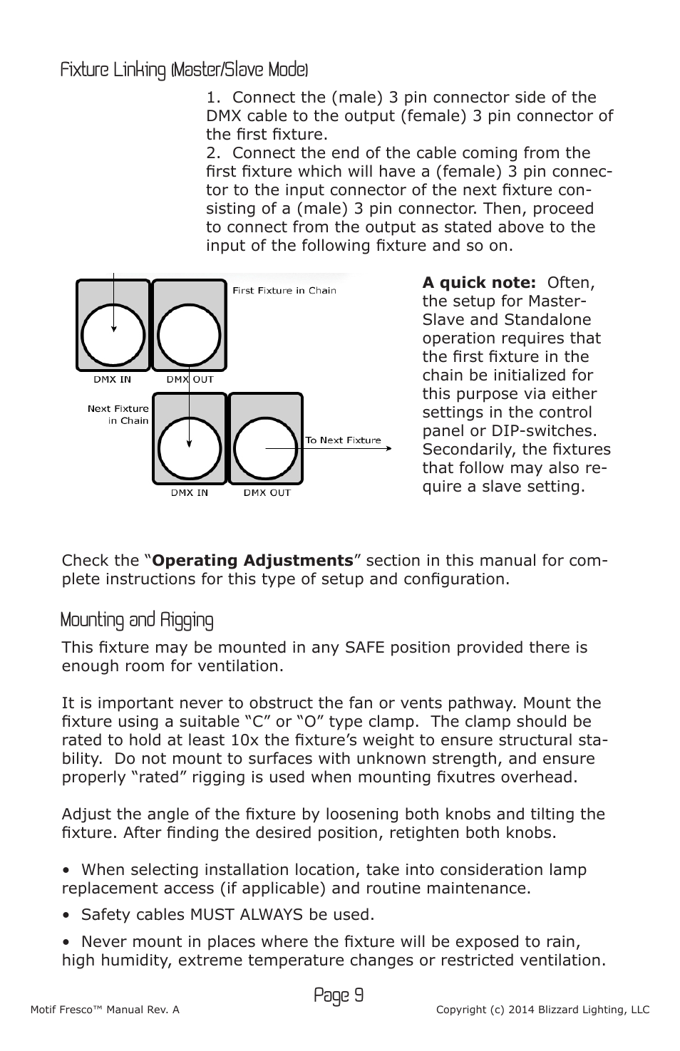 Page 9, Fixture linking (master/slave mode), Mounting and rigging | Blizzard Lighting Motif Fresco (Rev A) User Manual | Page 9 / 20