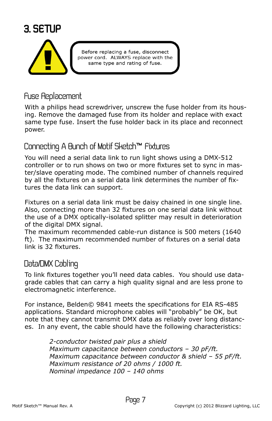 Setup, Fuse replacement, Connecting a bunch of motif sketch™ fixtures | Data/dmx cabling, Page 7 | Blizzard Lighting Motif Sketch (Rev A) User Manual | Page 7 / 16