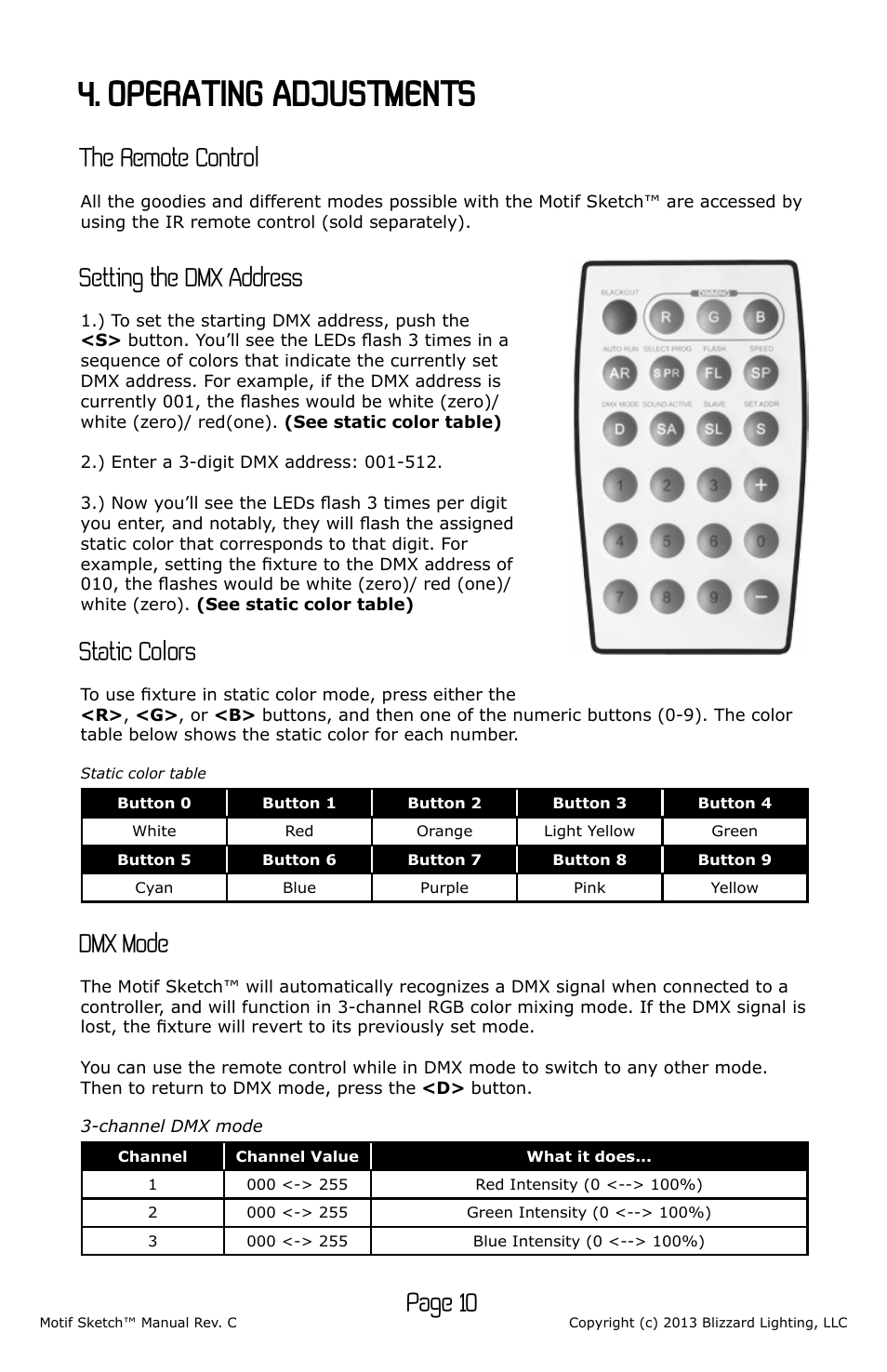 Operating adjustments, Page 10, Setting the dmx address | Static colors, Dmx mode, The remote control | Blizzard Lighting Motif Sketch (Rev C) User Manual | Page 10 / 16