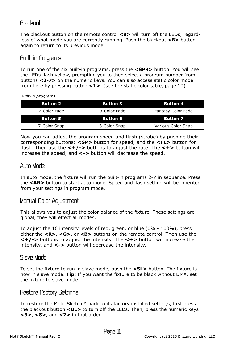 Page 11, Blackout, Built-in programs | Auto mode, Manual color adjustment, Slave mode, Restore factory settings | Blizzard Lighting Motif Sketch (Rev C) User Manual | Page 11 / 16