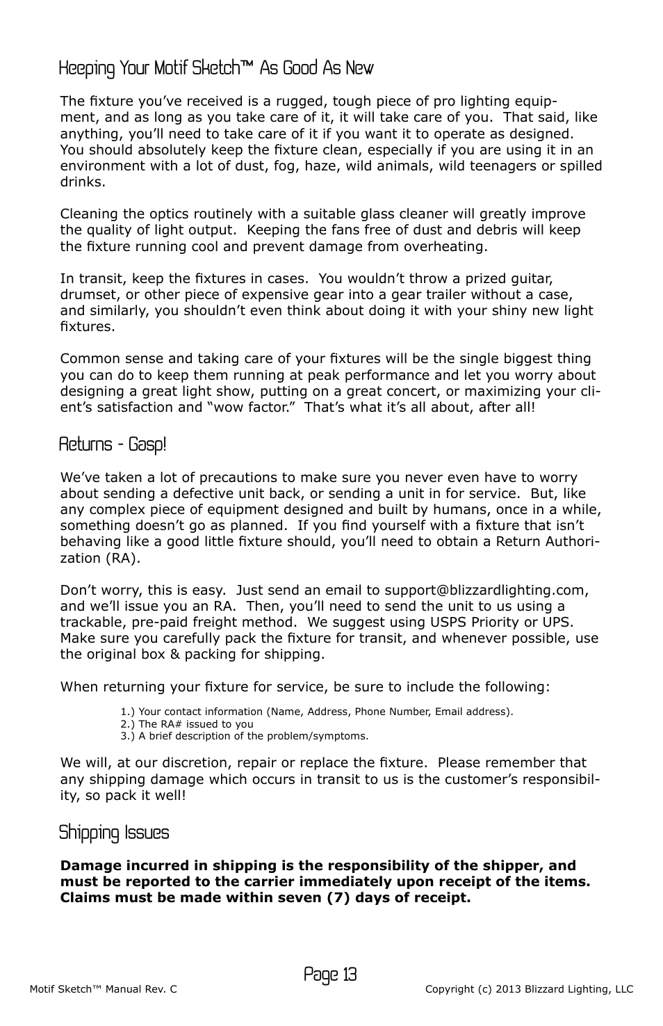 Page 13, Keeping your motif sketch™ as good as new, Returns - gasp | Shipping issues | Blizzard Lighting Motif Sketch (Rev C) User Manual | Page 13 / 16