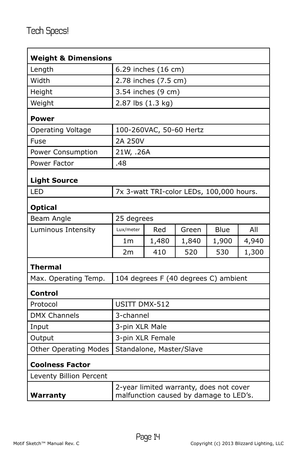 Tech specs, Page 14 | Blizzard Lighting Motif Sketch (Rev C) User Manual | Page 14 / 16