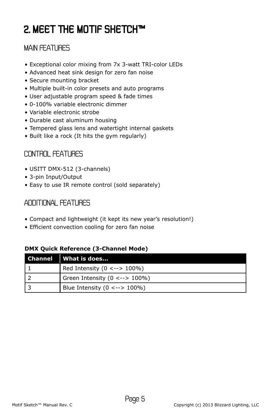 Meet the motif sketch, Page 5, Main features | Control features, Additional features | Blizzard Lighting Motif Sketch (Rev C) User Manual | Page 5 / 16