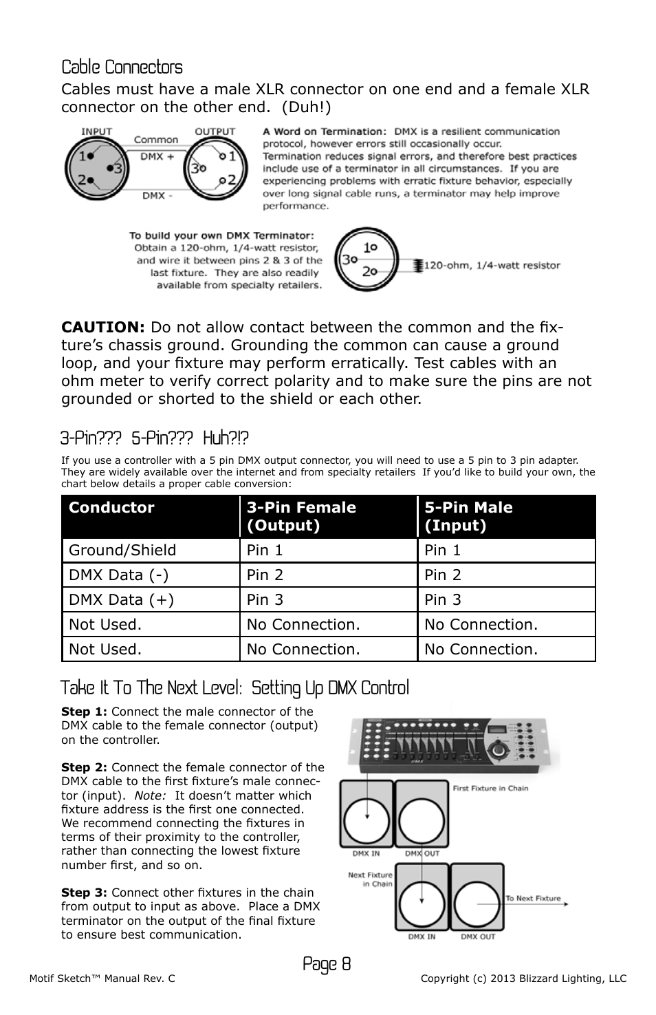 Page 8, Cable connectors, Pin??? 5-pin??? huh | Take it to the next level: setting up dmx control | Blizzard Lighting Motif Sketch (Rev C) User Manual | Page 8 / 16