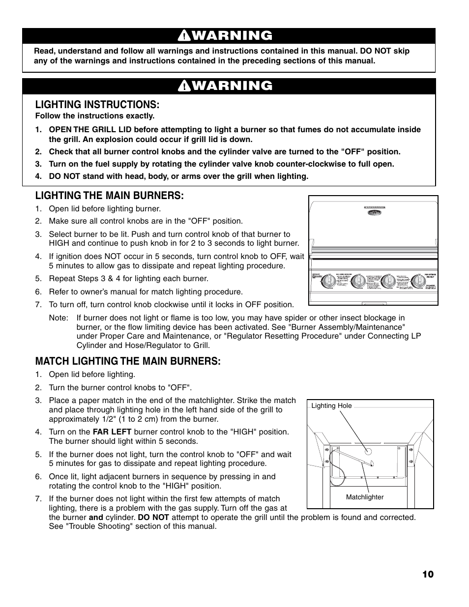 Warning, Lighting instructions, Lighting the main burners | Match lighting the main burners | Brinkmann 7341 User Manual | Page 11 / 64