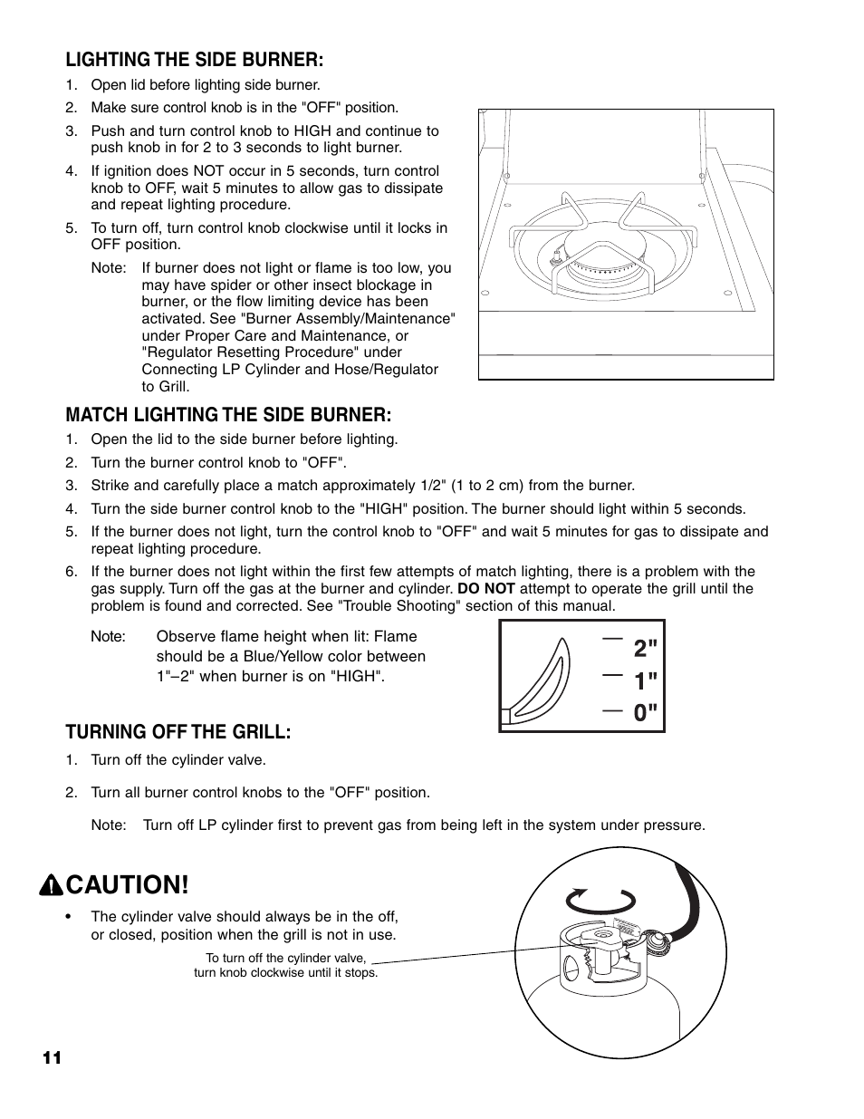 Caution, Lighting the side burner, Match lighting the side burner | Turning off the grill | Brinkmann 7341 User Manual | Page 12 / 64