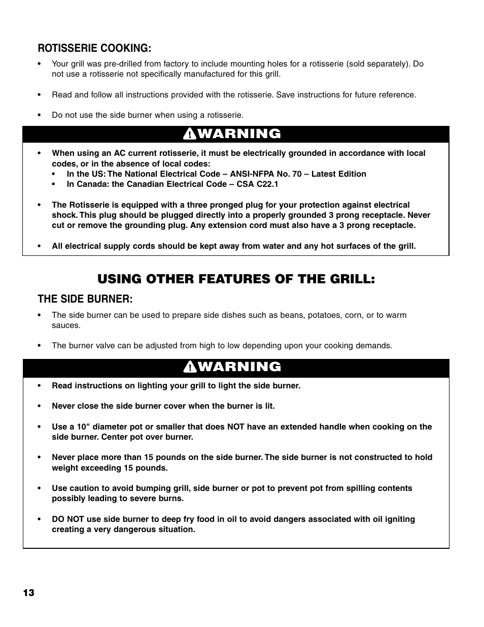 Warning, Using other features of the grill, Rotisserie cooking | The side burner | Brinkmann 7341 User Manual | Page 14 / 64