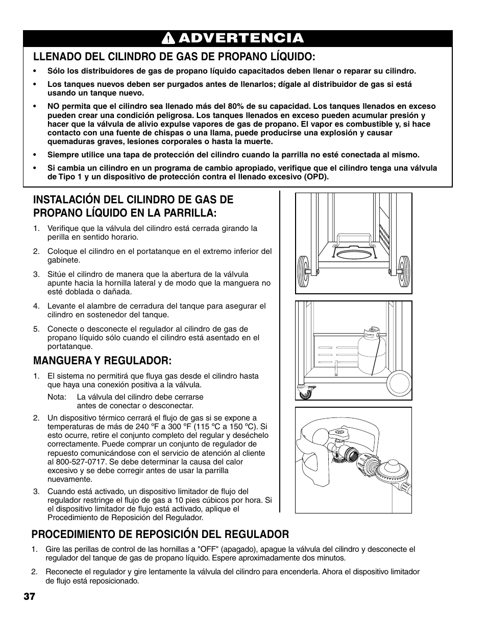 Advertencia, Llenado del cilindro de gas de propano líquido, Manguera y regulador | Procedimiento de reposición del regulador | Brinkmann 7341 User Manual | Page 38 / 64