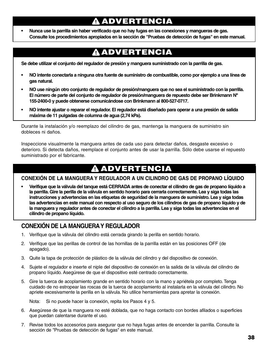 Advertencia, Conexión de la manguera y regulador | Brinkmann 7341 User Manual | Page 39 / 64