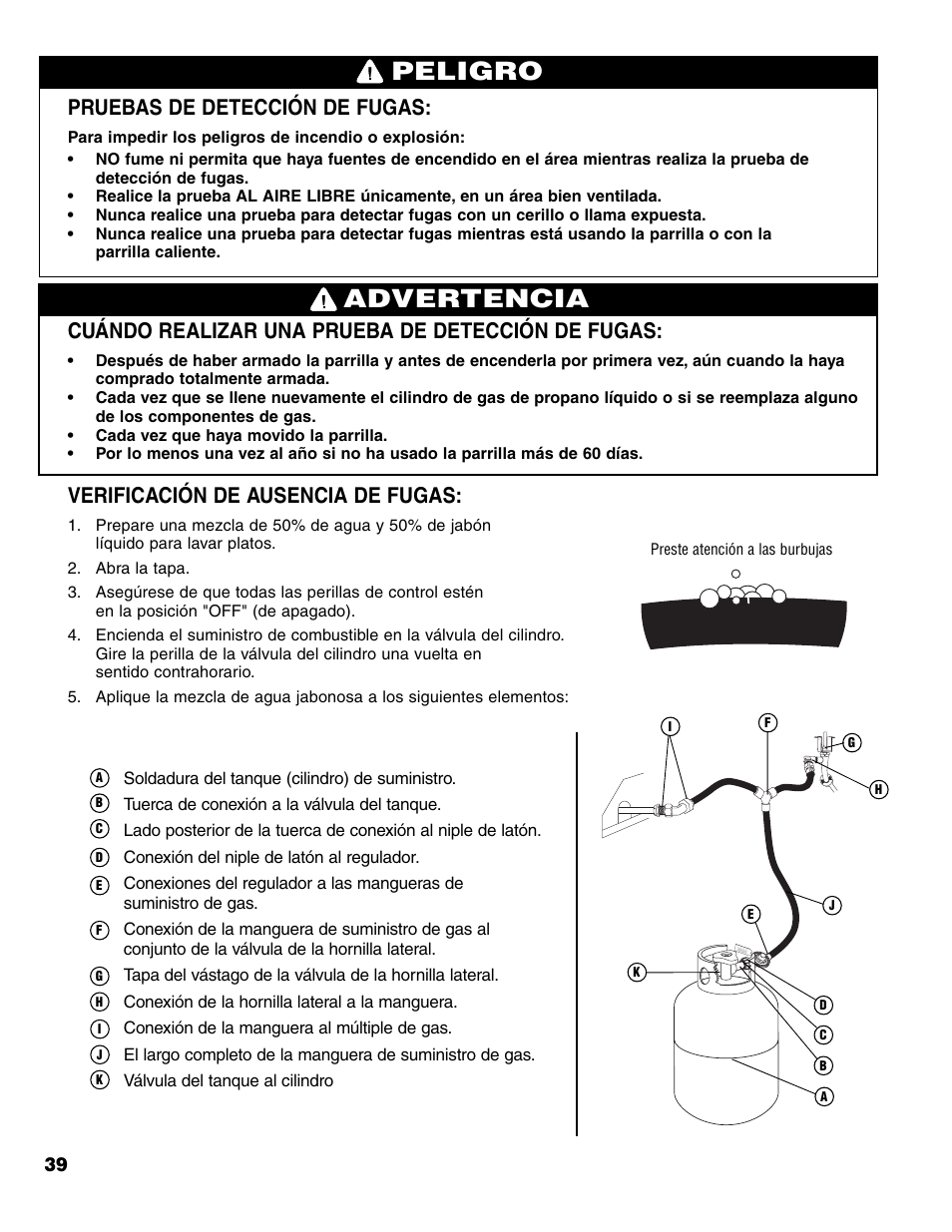 Advertencia peligro, Pruebas de detección de fugas, Cuándo realizar una prueba de detección de fugas | Verificación de ausencia de fugas | Brinkmann 7341 User Manual | Page 40 / 64