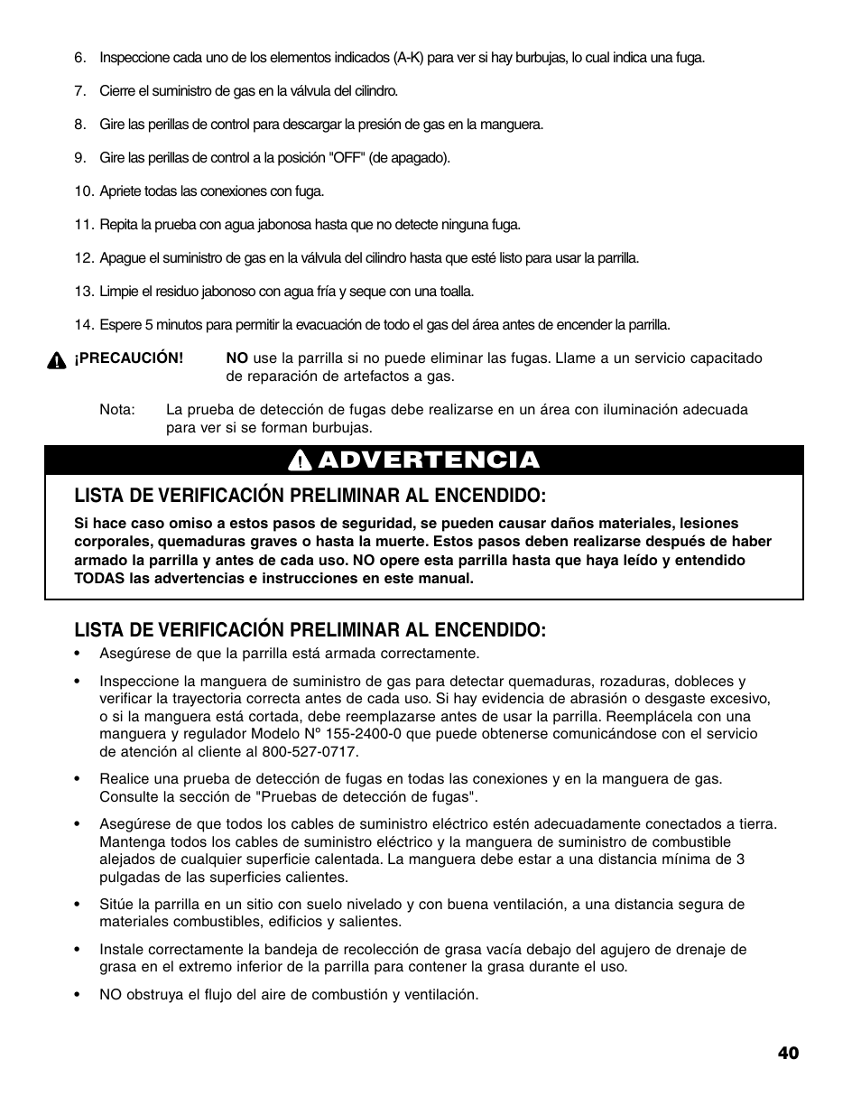Advertencia, Lista de verificación preliminar al encendido | Brinkmann 7341 User Manual | Page 41 / 64