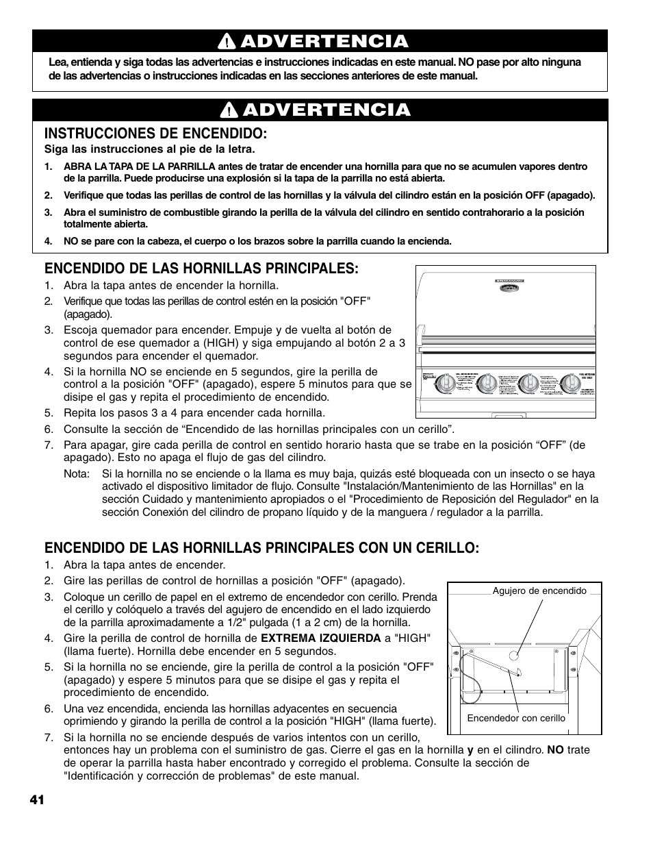 Advertencia, Instrucciones de encendido, Encendido de las hornillas principales | Brinkmann 7341 User Manual | Page 42 / 64