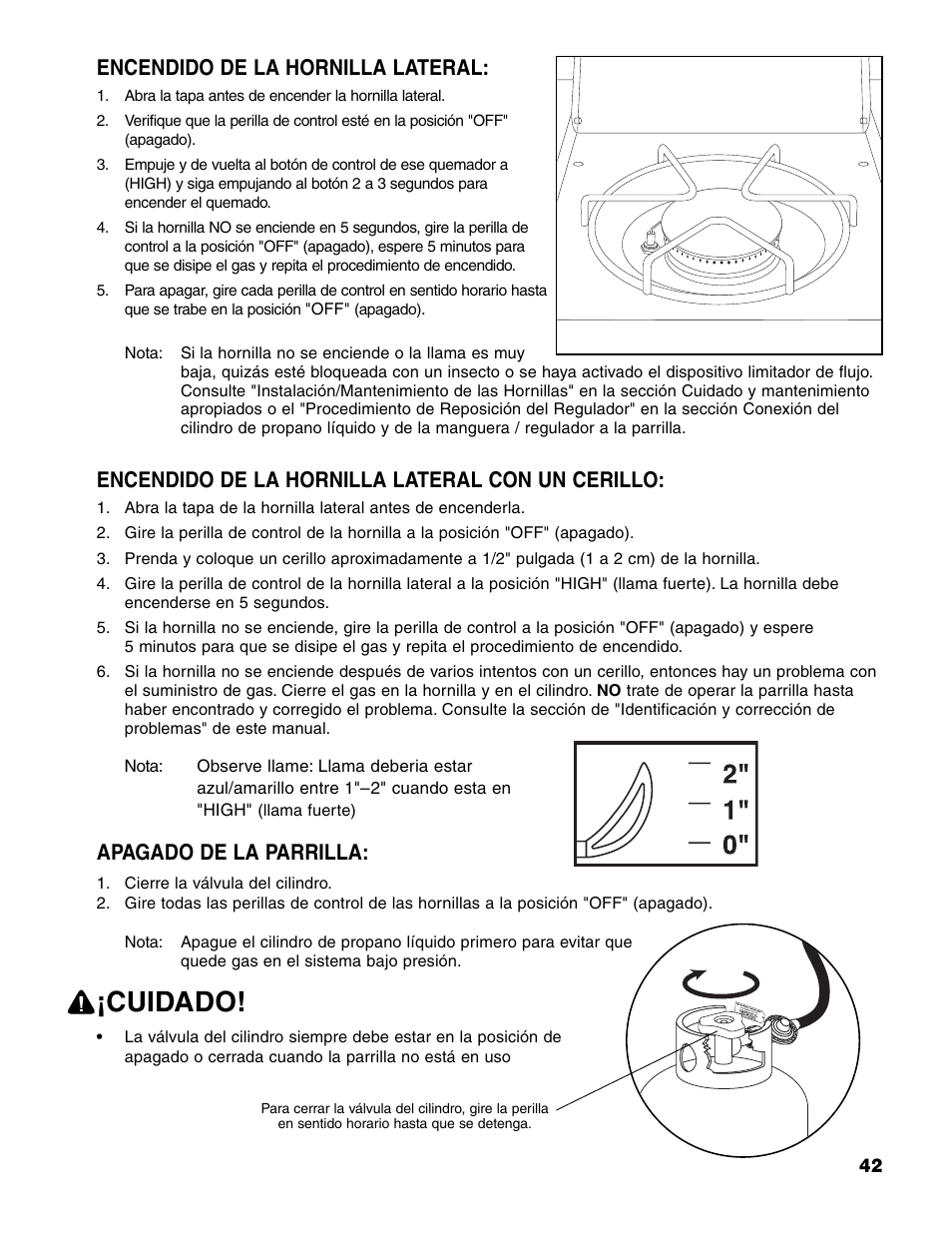 Cuidado, Encendido de la hornilla lateral, Encendido de la hornilla lateral con un cerillo | Apagado de la parrilla | Brinkmann 7341 User Manual | Page 43 / 64