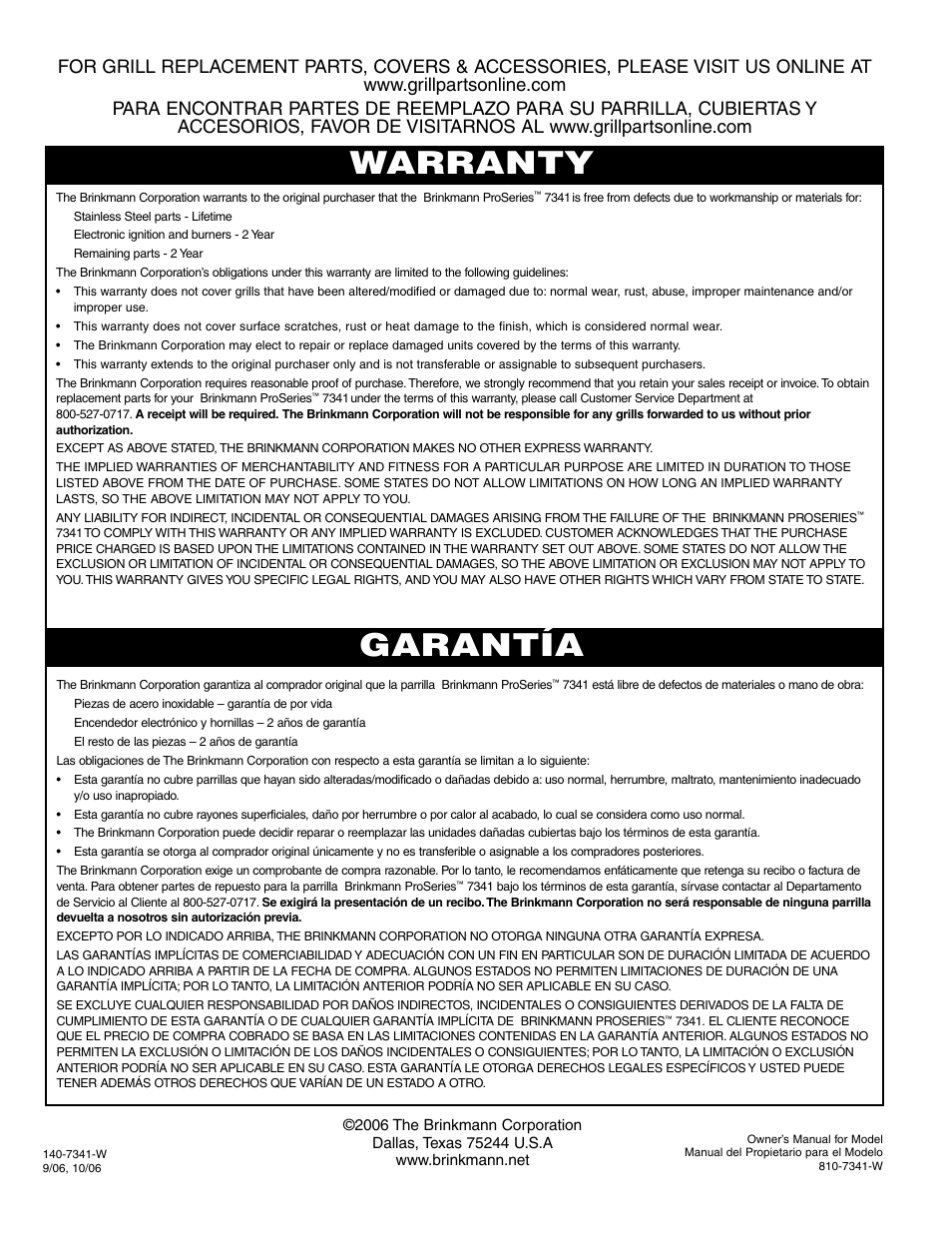 Warranty garantía | Brinkmann 7341 User Manual | Page 64 / 64