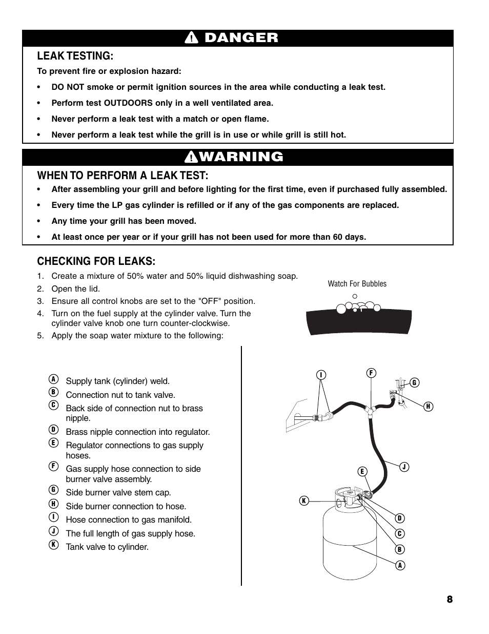 Warning, Danger, Leak testing | When to perform a leak test, Checking for leaks | Brinkmann 7341 User Manual | Page 9 / 64