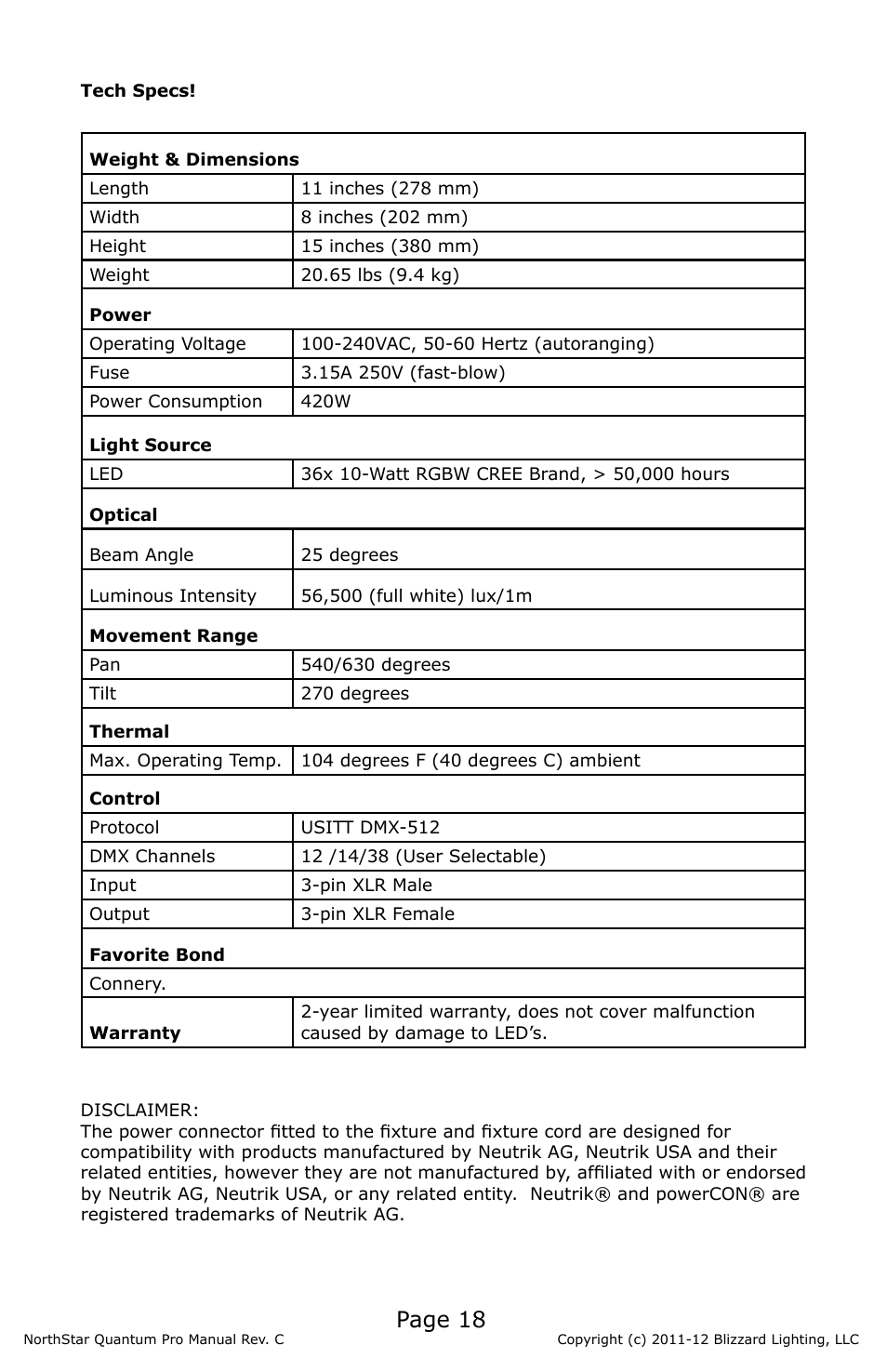 Page 18 | Blizzard Lighting NorthStar Quantum Pro(Rev C) User Manual | Page 18 / 20