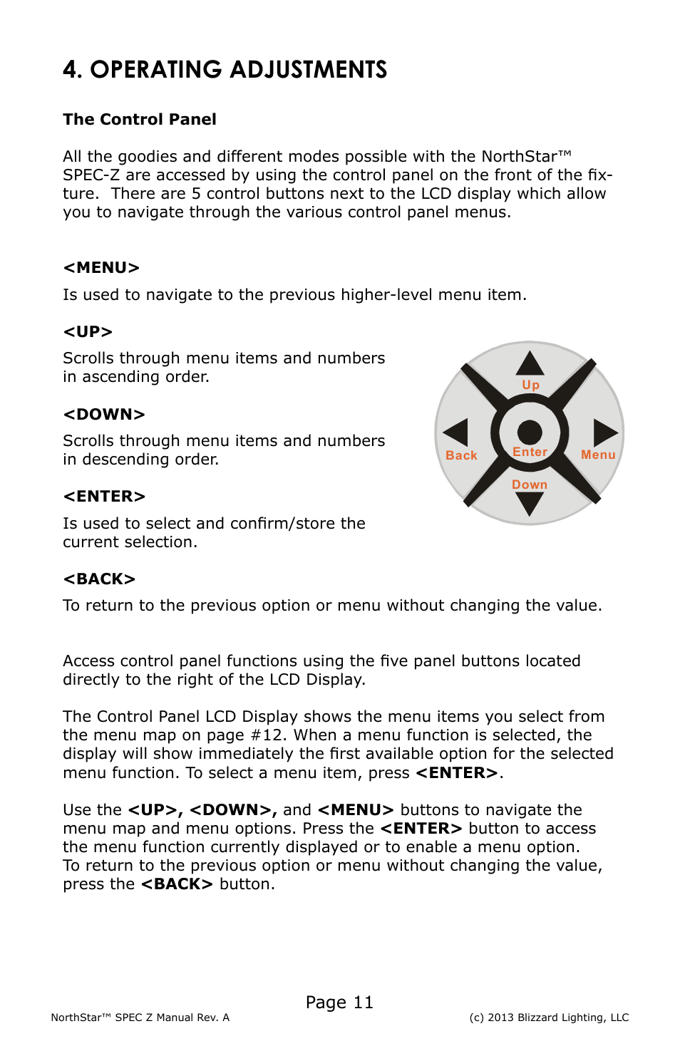 Operating adjustments, Page 11 | Blizzard Lighting NorthStar SPEC-Z (Rev A) User Manual | Page 11 / 20