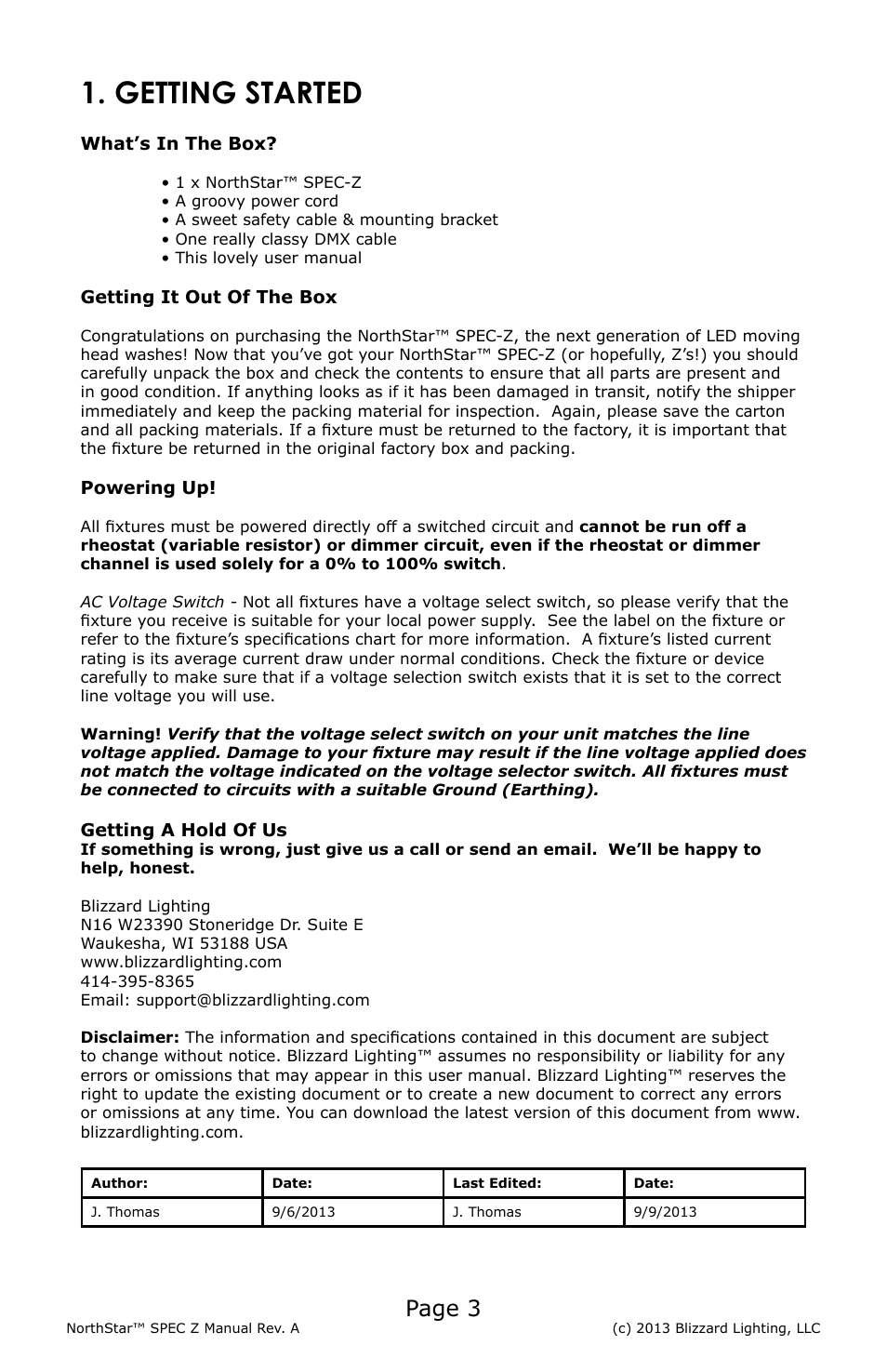 Getting started, Page 3 | Blizzard Lighting NorthStar SPEC-Z (Rev A) User Manual | Page 3 / 20