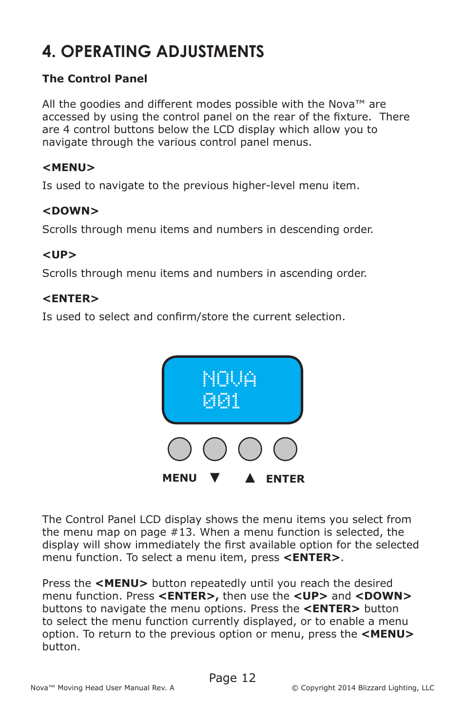 Nova 001, Operating adjustments | Blizzard Lighting Nova (Rev. A) User Manual | Page 12 / 20