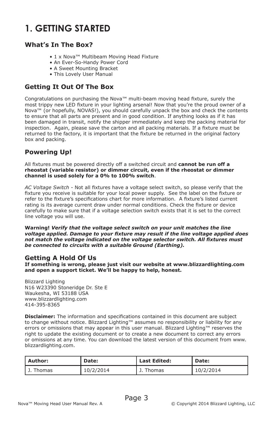 Getting started, Page 3, What’s in the box | Getting it out of the box, Powering up, Getting a hold of us | Blizzard Lighting Nova (Rev. A) User Manual | Page 3 / 20