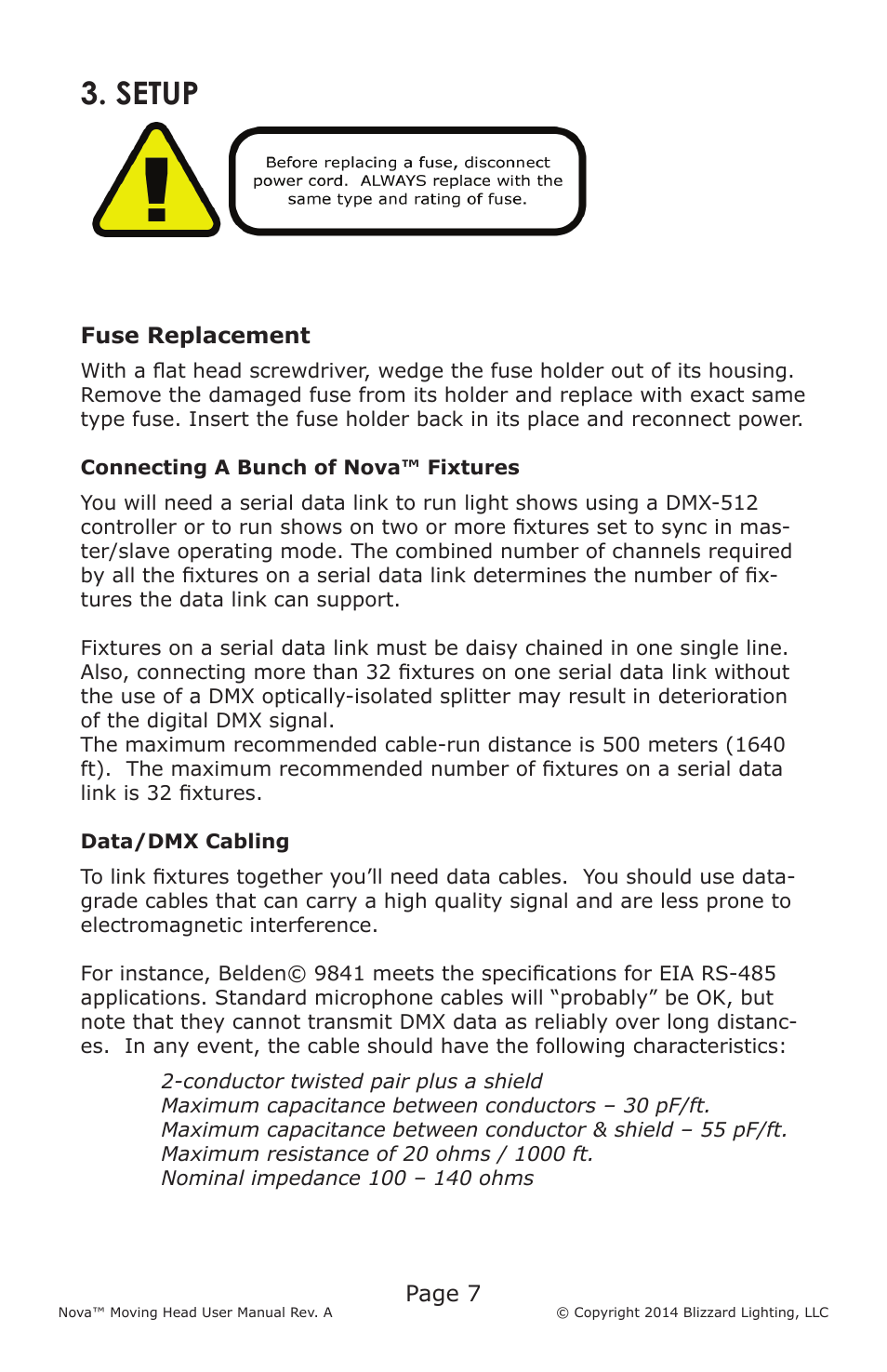 Setup, Page 7, Fuse replacement | Blizzard Lighting Nova (Rev. A) User Manual | Page 7 / 20