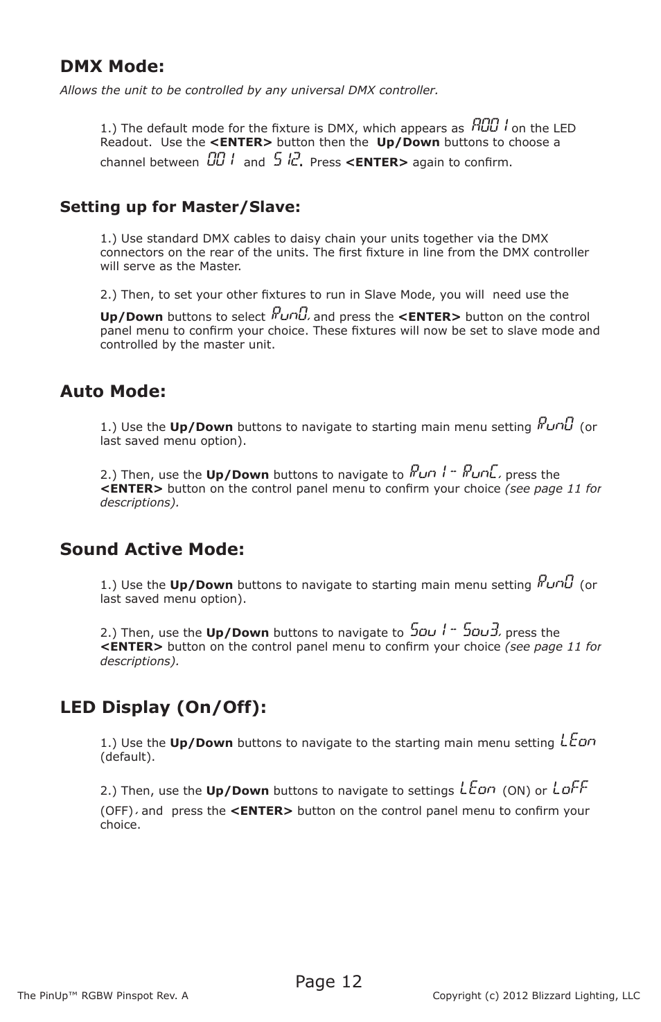 Page 12, Dmx mode, A001 | Run0, Auto mode, Run1 - runc, Sound active mode, Sou1 - sou3, Led display (on/off), Leon | Blizzard Lighting PinUp RGBW LED Pinspot User Manual | Page 12 / 16