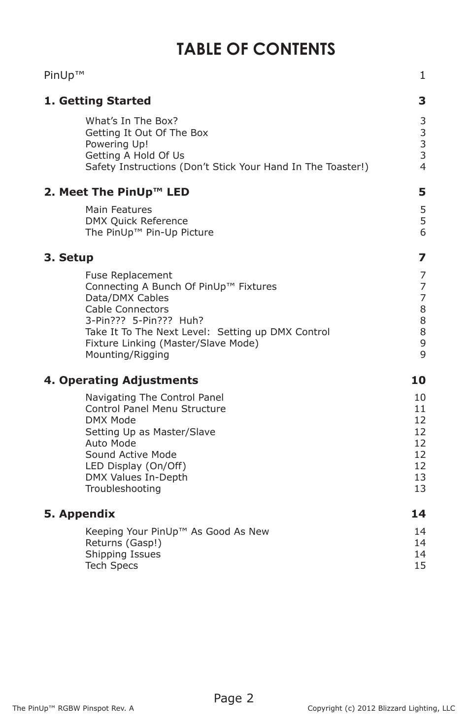 Blizzard Lighting PinUp RGBW LED Pinspot User Manual | Page 2 / 16