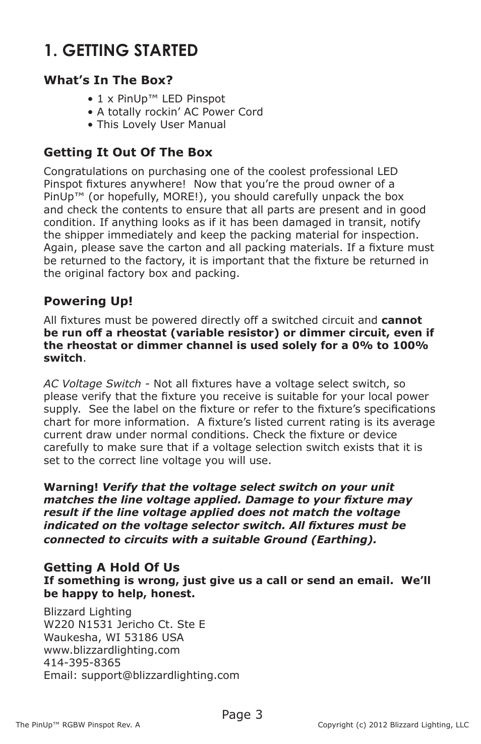 Getting started | Blizzard Lighting PinUp RGBW LED Pinspot User Manual | Page 3 / 16
