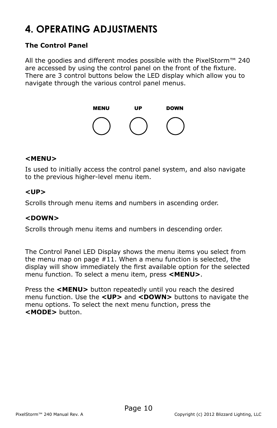 Operating adjustments, Page 10 | Blizzard Lighting PixelStorm 240(Rev A) User Manual | Page 10 / 20