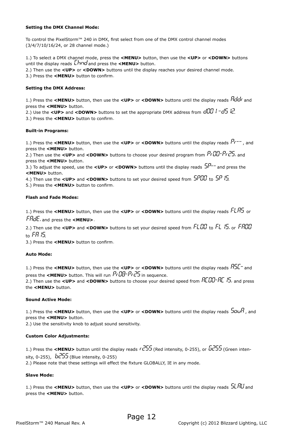 Page 12, Chnd, Addr | Pr00-pr25, Sp00, Sp15, Flas, Fade, Fl00, Fl15 | Blizzard Lighting PixelStorm 240(Rev A) User Manual | Page 12 / 20