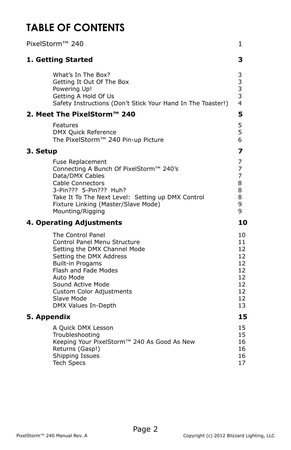 Blizzard Lighting PixelStorm 240(Rev A) User Manual | Page 2 / 20