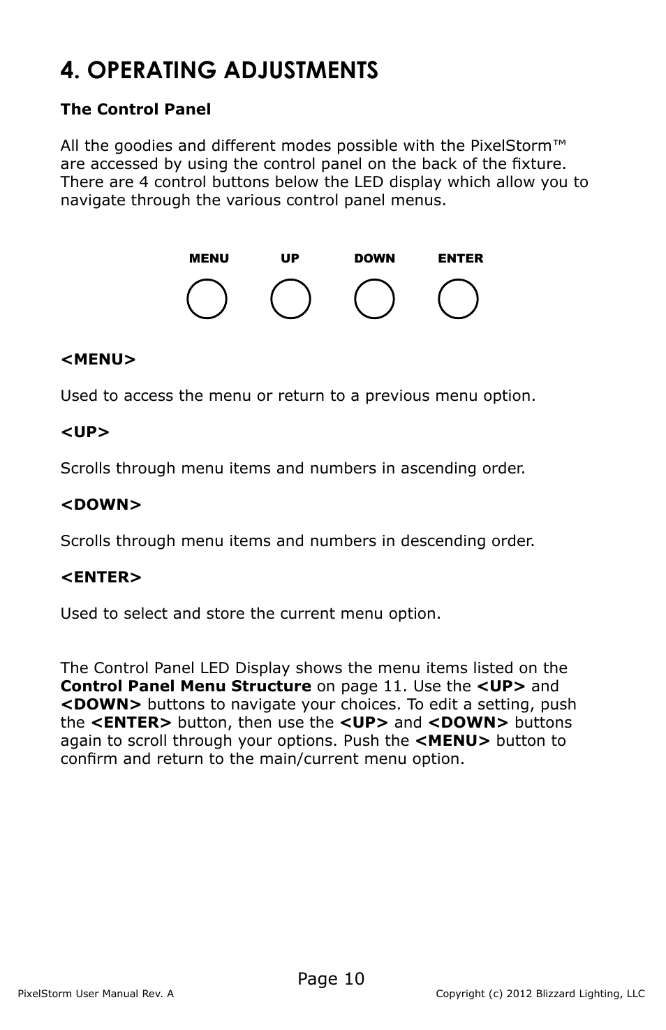 Operating adjustments, Page 10 | Blizzard Lighting PixelStorm (Rev A) User Manual | Page 10 / 20