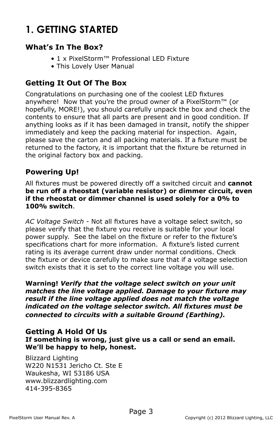 Getting started, Page 3, What’s in the box | Getting it out of the box, Powering up, Getting a hold of us | Blizzard Lighting PixelStorm (Rev A) User Manual | Page 3 / 20