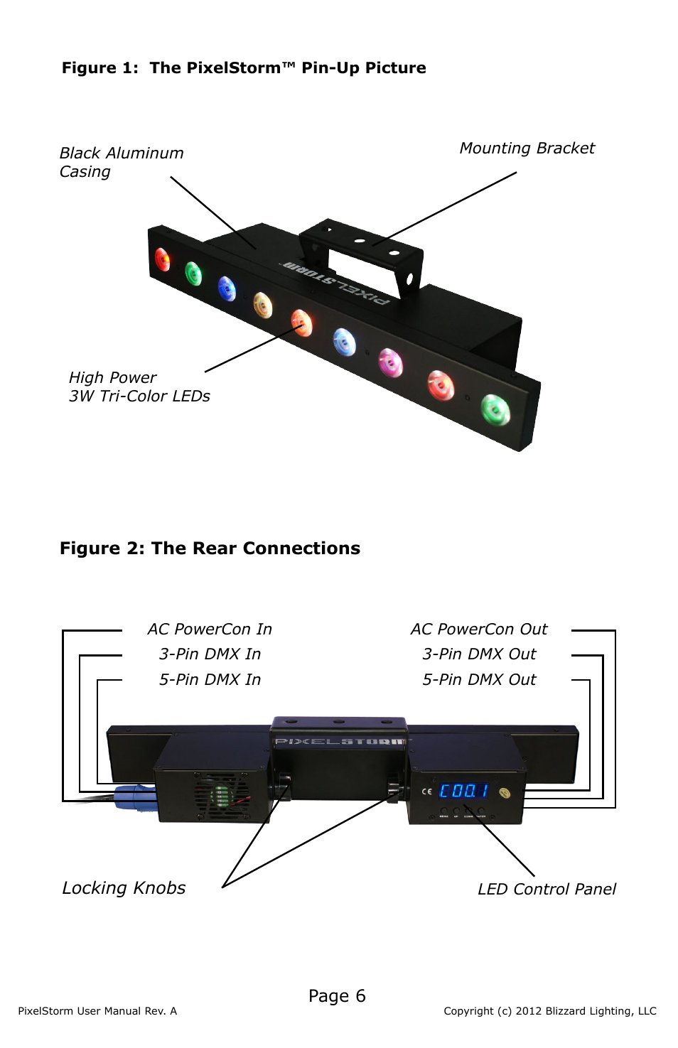 Page 6, Figure 2: the rear connections, Locking knobs | Blizzard Lighting PixelStorm (Rev A) User Manual | Page 6 / 20