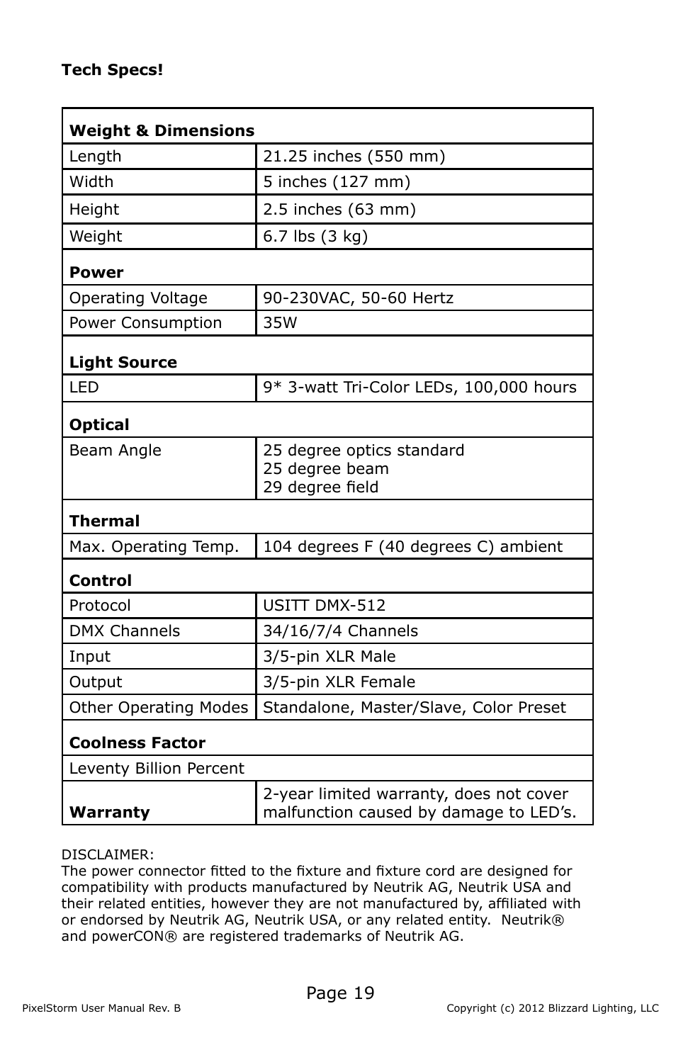 Page 19 | Blizzard Lighting PixelStorm (Rev B) User Manual | Page 19 / 20