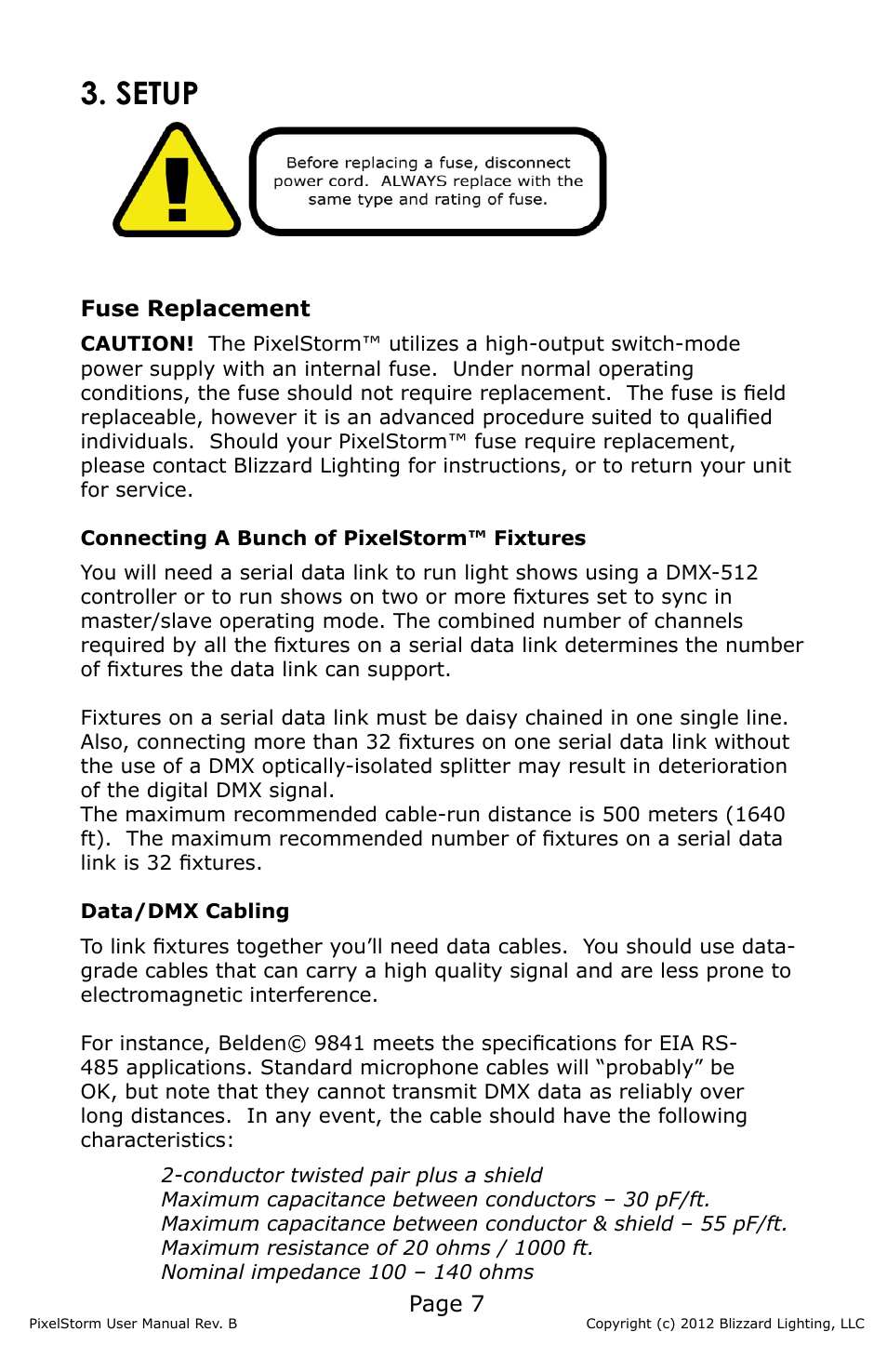 Setup, Page 7, Fuse replacement | Blizzard Lighting PixelStorm (Rev B) User Manual | Page 7 / 20