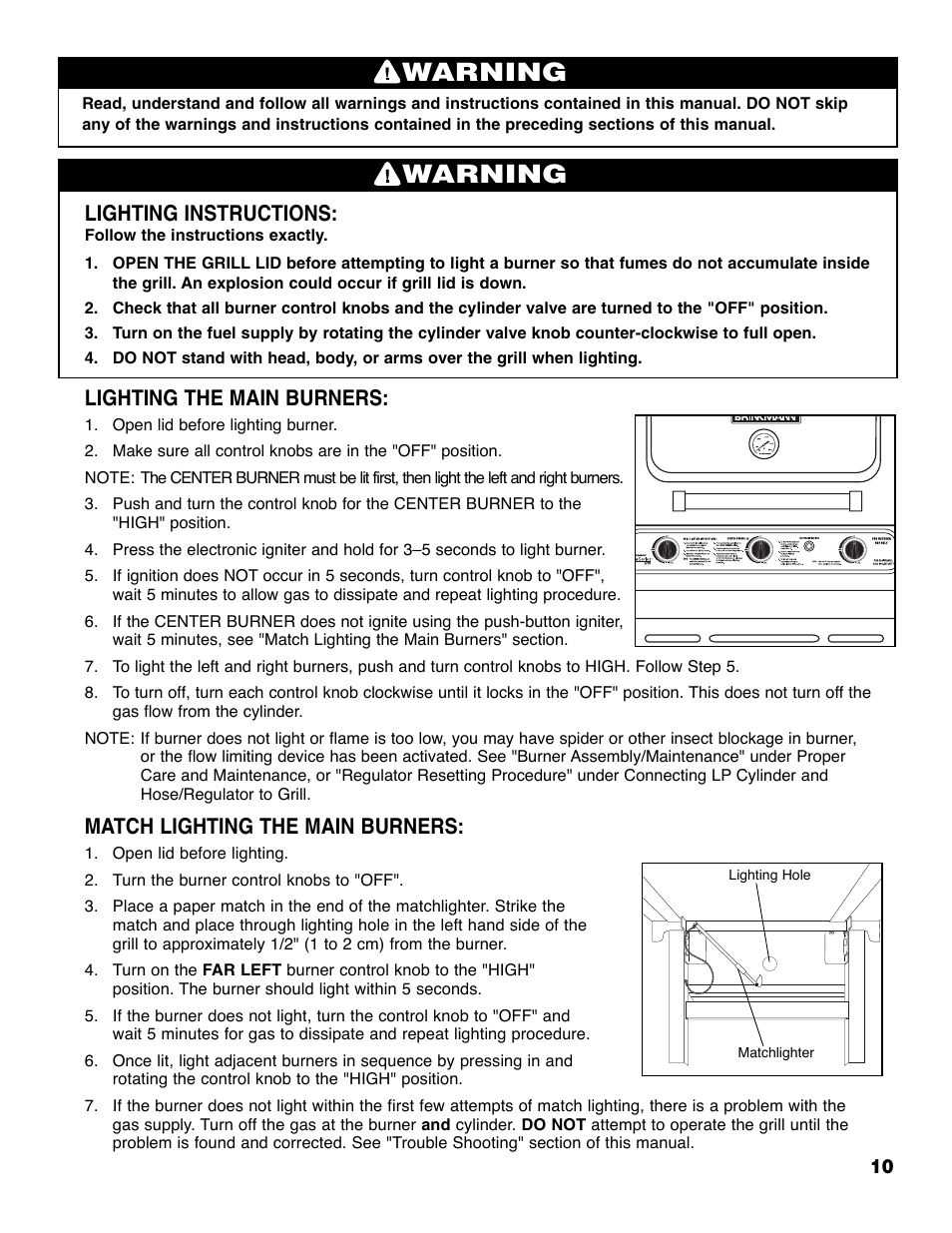 Warning, Lighting instructions, Lighting the main burners | Match lighting the main burners | Brinkmann Series 2210 User Manual | Page 11 / 32