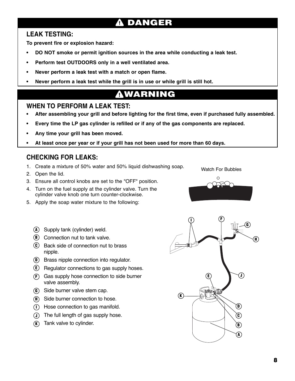Warning, Danger, Leak testing | When to perform a leak test, Checking for leaks | Brinkmann Series 2210 User Manual | Page 9 / 32