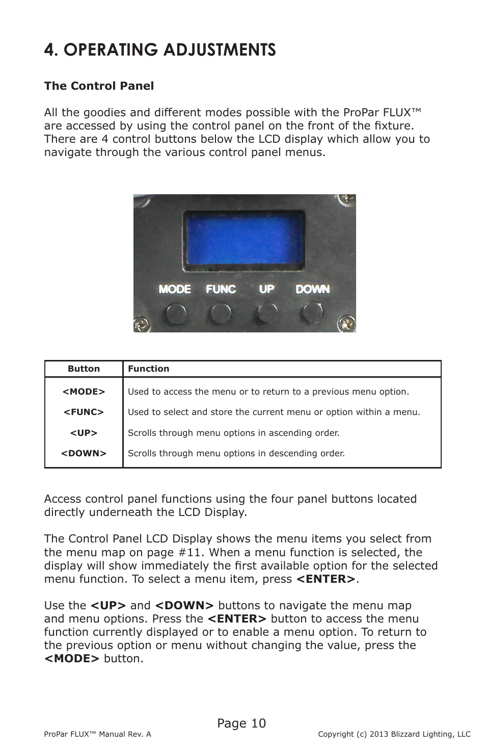 Operating adjustments, Page 10 | Blizzard Lighting Flux ProPar (Rev A) User Manual | Page 10 / 16