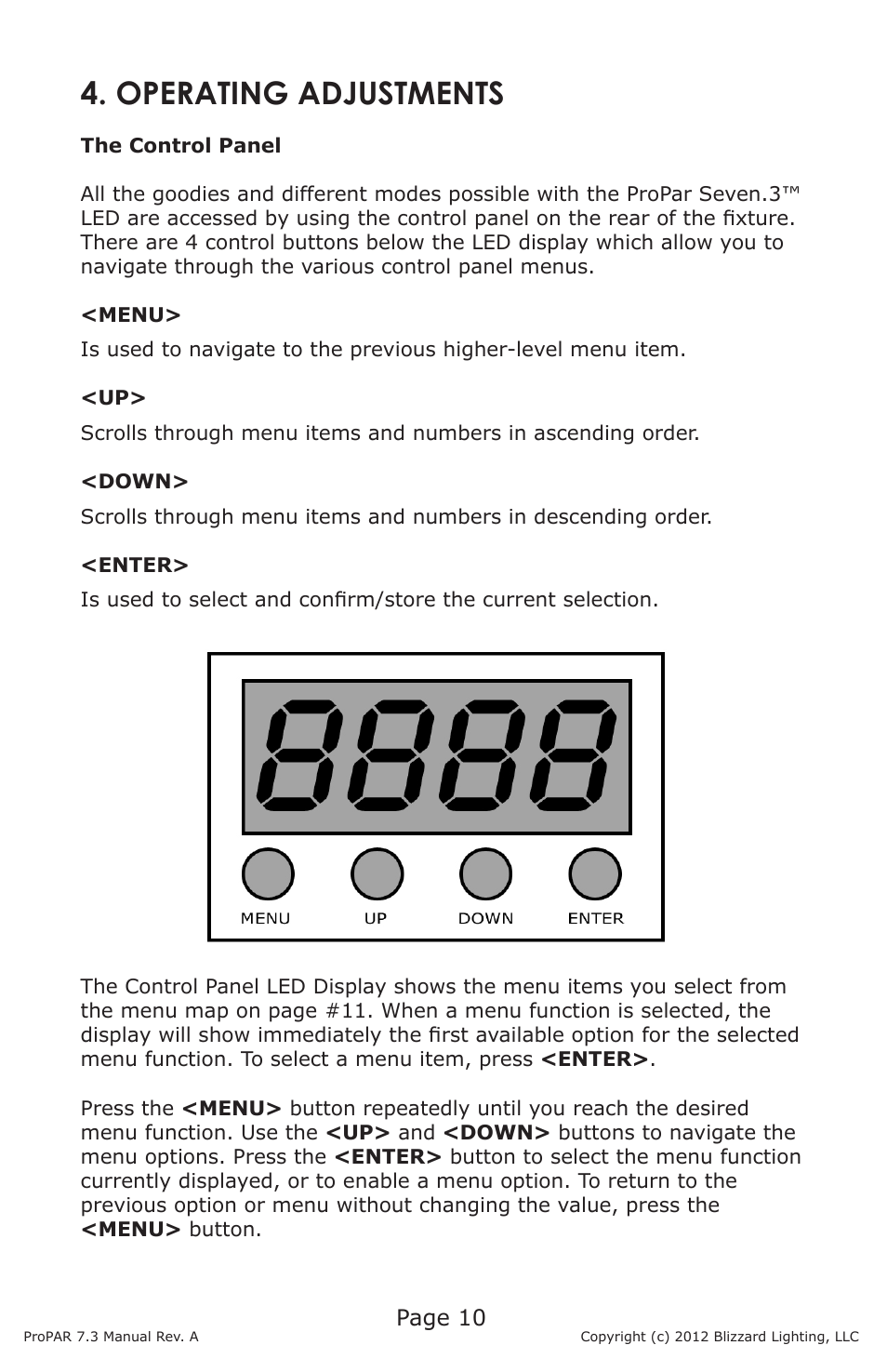 Operating adjustments, Page 10 | Blizzard Lighting Seven-3 ProPar (Rev A) User Manual | Page 10 / 18