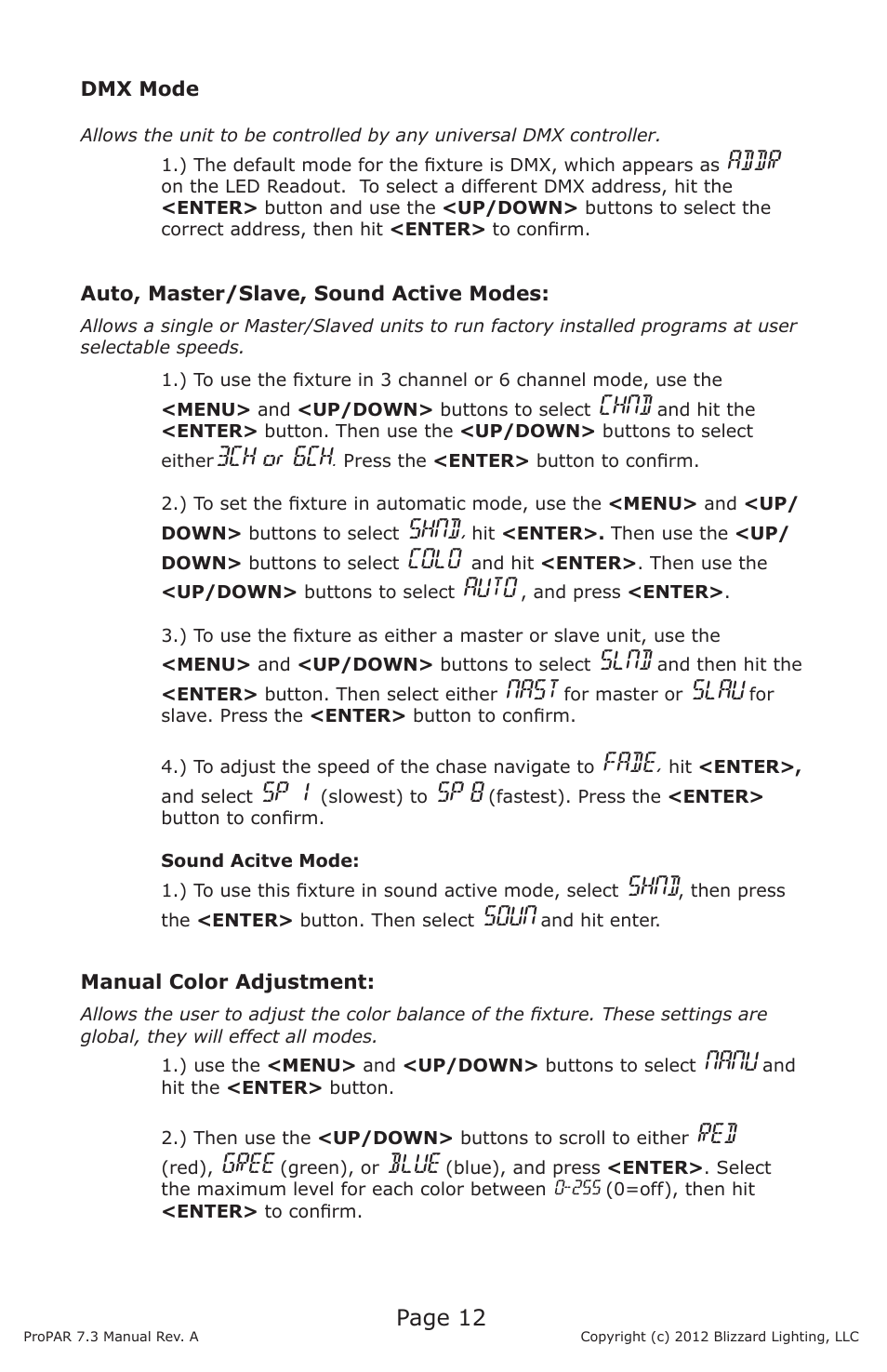 Addr, Chnd, 3ch or 6ch | Shnd, Colo, Auto, Slnd, Nast, Slau, Fade | Blizzard Lighting Seven-3 ProPar (Rev A) User Manual | Page 12 / 18